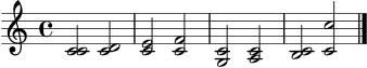 \version "2.22.0"
\language "deutsch"
\header { tagline = "" }
\score {
\new Staff \relative c' {
\clef treble
\time 4/4
<c c>2 <c d>
<c e> <c f>
<c g> <c a>
<c h> <c c'>
\bar "|."
}
\layout { }
\midi { \tempo 4 = 60 }
}