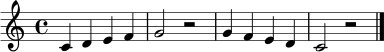\relative c' { \clef treble \key c \major \time 4/4 c4 d e f | g2 r2 | g4 f e d | c2 r2 \bar "|." }
