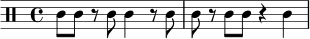
\relative c' {
  \clef percussion
  \time 4/4
  c8 c r c c4 r8 c |
  c8 r c c r4 c4 |
}
