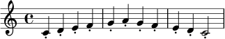 \relative c' {
\clef treble
\time 4/4
c4-. d-. e-. f-. | g4-. a-. g-. f-. | e4-. d-. c2-. |
}