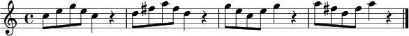 
\relative c'' {
  \time 4/4
  c8 e g e c4 r4 |
  d8 fis a fis d4 r4 |
  g8 e c e g4 r4 |
  a8 fis d fis a4 r4 \bar "|."
}
