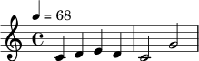 \relative c' {
\key c \major
\time 4/4
\tempo 4 = 68
c4 d e d | c2 g'2 |
}