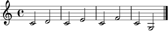 \relative c' { \time 4/4 c2 d c2 e c2 f c2 g \bar "|." }