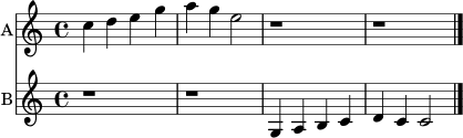 <<
\new Staff \relative c'' {
\set Staff.instrumentName = "A"
\key c \major
\time 4/4
c4 d e g | a4 g e2 | r1 | r1 \bar "|."
}
\new Staff \relative c' {
\set Staff.instrumentName = "B"
\key c \major
\time 4/4
r1 | r1 | g4 a b c | d4 c c2 \bar "|."
}
>>