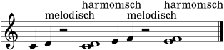 \version "2.24.0"
\language "deutsch"
\header { tagline = ##f }
\score {
\new Staff \with { \remove "Time_signature_engraver" } {
\clef treble
\cadenzaOn
c'4 d'^\markup { "melodisch" } r2
<c' d'>1^\markup { "harmonisch" }
e'4 f'^\markup { "melodisch" } r2
<e' f'>1^\markup { "harmonisch" }
\bar "|."
}
\layout { }
\midi { \tempo 4 = 64 }
}