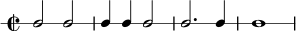 
\new RhythmicStaff {
  \time 2/2
  c2 c |
  c4 c c2 |
  c2. c4 |
  c1 |
}

