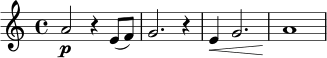 \relative c'' {
\key a \minor
\time 4/4
a2\p r4 e8( f) |
g2. r4 |
e4\< g2. |
a1\!
}