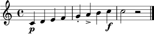 \relative c' { \clef treble \time 4/4 c4\p d e f | g4-. a4-> b4 c4\f | c2 r2 \bar "|." }