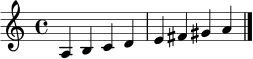 \relative c' { \clef treble \key a \minor \time 4/4 a4 b c d | e fis gis a \bar "|." }