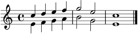 
\version "2.24.0"
\score {
  \new Staff <<
    \new Voice = "oben" {
      \voiceOne
      \relative c'' {
        \clef treble
        \key c \major
        \time 4/4
        c4 d e f | g2 e | c1 \bar "|."
      }
    }
    \new Voice = "unten" {
      \voiceTwo
      \relative c' {
        \clef treble
        \key c \major
        \time 4/4
        e4 f g a | b2 g | e1 \bar "|."
      }
    }
  >>
  \layout { }
  \midi { }
}
