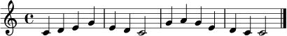 \relative c' { \clef treble \time 4/4 c4 d e g | e d c2 | g'4 a g e | d c c2 \bar "|." }