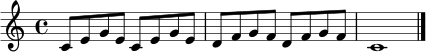 \relative c' { \time 4/4 \key c \major \set Staff.midiInstrument = "acoustic guitar (nylon)" c8 e g e c e g e | d f g f d f g f | c1 \bar "|." }