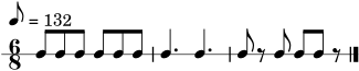 \version "2.22.0"
\header { tagline = "" }
\score {
\new RhythmicStaff {
\numericTimeSignature
\time 6/8
\tempo 8 = 132
c8 c8 c8 c8 c8 c8 | c4. c4. | c8 r8 c8 c8 c8 r8 | \bar "|."
}
\layout { }
\midi { }
}