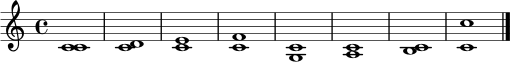 \relative c' { \clef treble \time 4/4 <c c>1 <c d> <c e> <c f> <c g> <c a> <c b> <c c'> \bar "|." }