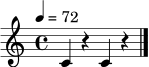 \relative c' { \tempo 4=72 \time 4/4 c4 r4 c4 r4 \bar "|." }