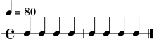 \version "2.18.2"
\paper { tagline = ##f }
\score {
\new RhythmicStaff {
\time 4/4
\tempo 4 = 80
c4 c4 c4 c4 | c4 c4 c4 c4 \bar "|."
}
\layout { }
\midi { \tempo 4 = 80 }
}