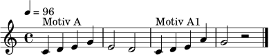 \relative c' {
\clef treble \key c \major \time 4/4 \tempo 4 = 96
c4^\markup { "Motiv A" } d e g | e2 d |
c4^\markup { "Motiv A1" } d e a | g2 r2 \bar "|."
}