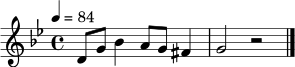 \relative c' { \set Staff.midiInstrument = "clarinet" \time 4/4 \key g \minor \tempo 4 = 84 d8 g bes4 a8 g fis4 | g2 r2 \bar "|." }