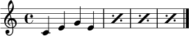 \relative c' { \time 4/4
\repeat percent 4 { c4 e g e | }
\bar "|."
}