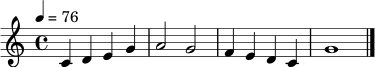 \version "2.24.0"
\relative c' {
\key c \major
\time 4/4
\tempo 4 = 76
c4 d e g | a2 g2 | f4 e d c | g'1 \bar "|."
}
