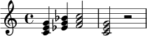 
\relative c' {
  \key c \major
  \time 4/4
  <c e g>4 <ees g bes>4 <f a c>2 |
  <c e g>2 r2
}
