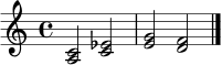 \relative c' {
\time 4/4
<a c>2 <c es>2
<e g>2 <d f>2
\bar "|."
}