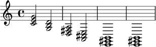 \relative c' {
\time 4/4
<c e g>2 <g b d> |
<d fis a>2 <a cis e> |
<e gis b>1 |
<e gis b>1
}