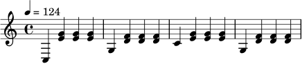 \relative c {
\key c \major
\time 4/4
\tempo 4 = 124
c4 <e' g>4 <e g>4 <e g>4 |
g,4 <d' f>4 <d f>4 <d f>4 |
c4 <e g>4 <e g>4 <e g>4 |
g,4 <d' f>4 <d f>4 <d f>4 |
}