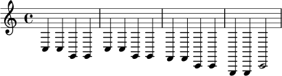 \relative c {
\key c \major
\time 4/4
c4 c g g |
c4 c g g |
f4 f c c |
g4 g c2 |
}
