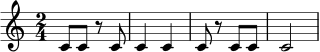 \relative c' {
\time 2/4
c8 c r8 c | c4 c | c8 r8 c c | c2
}
