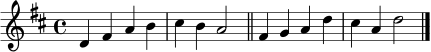 \relative c' {
\key d \major
\time 4/4
d4 fis a b | cis4 b a2 \bar "||"
fis4 g a d | cis4 a d2 \bar "|."
}