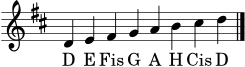 \version "2.24.0"
\language "deutsch"
\header { tagline = ##f }
\score {
<<
\new Staff \with { \remove "Time_signature_engraver" } {
\clef treble
\key d \major
\cadenzaOn
d'4 e' fis' g' a' h' cis'' d''
\bar "|."
}
\addlyrics { D E Fis G A H Cis D }
>>
\layout { }
\midi { \tempo 4 = 84 }
}