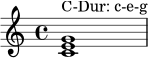 \language "deutsch"
\relative c' {
\clef treble
\key c \major
<c e g>1^\markup { "C-Dur: c-e-g" }
}