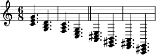 \relative c' {
\time 6/8
<c e g>4. <g b d> |
<f a c>4. <c e g> |
\bar "||"
<a cis e>4. <e gis b> |
<d fis a>4. <a cis e> |
}
