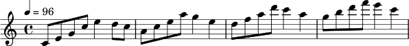 
\relative c' {
  \clef treble
  \key c \major
  \time 4/4
  \tempo 4 = 96
  c8 e g c e4 d8 c
  a8 c e a g4 e
  d8 f a d c4 a
  g8 b d f e4 c
}
