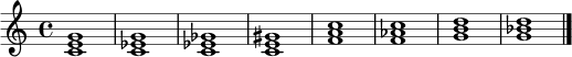 \relative c' { \time 4/4 <c e g>1 <c ees g>1 <c ees ges>1 <c e gis>1 <f a c>1 <f aes c>1 <g b d>1 <g bes d>1 \bar "|." }