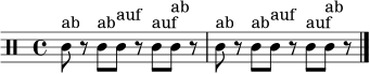 \relative c' { \clef percussion \time 4/4 c8^"ab" r c^"ab" c^"auf" r c^"auf" c^"ab" r | c8^"ab" r c^"ab" c^"auf" r c^"auf" c^"ab" r \bar "|." }