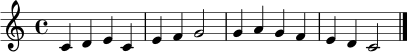 \relative c' { \clef treble \key c \major \time 4/4 c4 d e c | e f g2 | g4 a g f | e d c2 | \bar "|." }