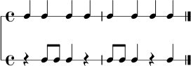 \version "2.22.0"
\score {
<<
\new RhythmicStaff {
\time 4/4
c4 c4 c4 c4 | c4 c4 c4 c4 \bar "|."
}
\new RhythmicStaff {
\time 4/4
r4 c8 c8 c4 r4 | c8 c8 c4 r4 c4 \bar "|."
}
>>
\layout { }
\midi { \tempo 4 = 88 }
}