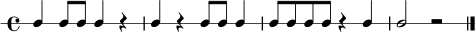 \new RhythmicStaff { \time 4/4 c4 c8 c c4 r | c4 r c8 c c4 | c8 c c c r4 c | c2 r | \bar "|." }