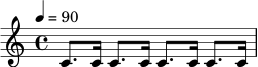 \relative c' {
\time 4/4
\tempo 4 = 90
c8. c16 c8. c16 c8. c16 c8. c16 |
}
