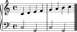 \score {
\new PianoStaff <<
\new Staff { \clef treble \time 4/4 c'4 d' e' f' | g' a' b' c'' | \bar "|." }
\new Staff { \clef bass \time 4/4 c2 g, | c2 g, | \bar "|." }
>>
\layout { }
\midi { }
}