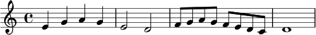 
\version "2.24.0"
\relative c' {
  \key c \major
  \time 4/4
  e4 g a g | e2 d2 |
  f8 g a g f e d c | d1 |
}
