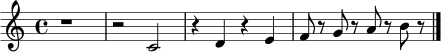 \relative c' { \clef treble \time 4/4 r1 | r2 c2 | r4 d4 r4 e4 | f8 r8 g8 r8 a8 r8 b8 r8 \bar "|." }