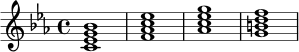 \relative c' {
\key c \minor
\time 4/4
<c ees g bes>1 |
<f aes c ees>1 |
<aes c ees g>1 |
<g b d f>1 |
}