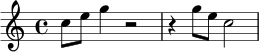 
\relative c'' {
  \time 4/4
  c8 e g4 r2 |
  r4 g8 e c2 |
}
