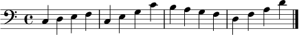 \relative c {
\clef bass
\time 4/4
c4 d e f | c e g c | b a g f | d f a d \bar "|."
}