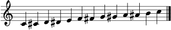 \version "2.24.0"
\language "deutsch"
\header { tagline = ##f }
\score {
\new Staff \with { \remove "Time_signature_engraver" } {
\clef treble
\cadenzaOn
c'4 cis' d' dis' e' f' fis' g' gis' a' ais' h' c''
\bar "|."
}
\layout { }
\midi { \tempo 4 = 100 }
}