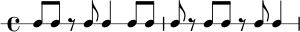 
\new RhythmicStaff {
  \time 4/4
  c8 c r c c4 c8 c |
  c8 r c c r c c4 |
}
