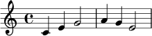 
\relative c' {
\time 4/4
\key c \major
c4 e g2 |
a4 g e2
}
